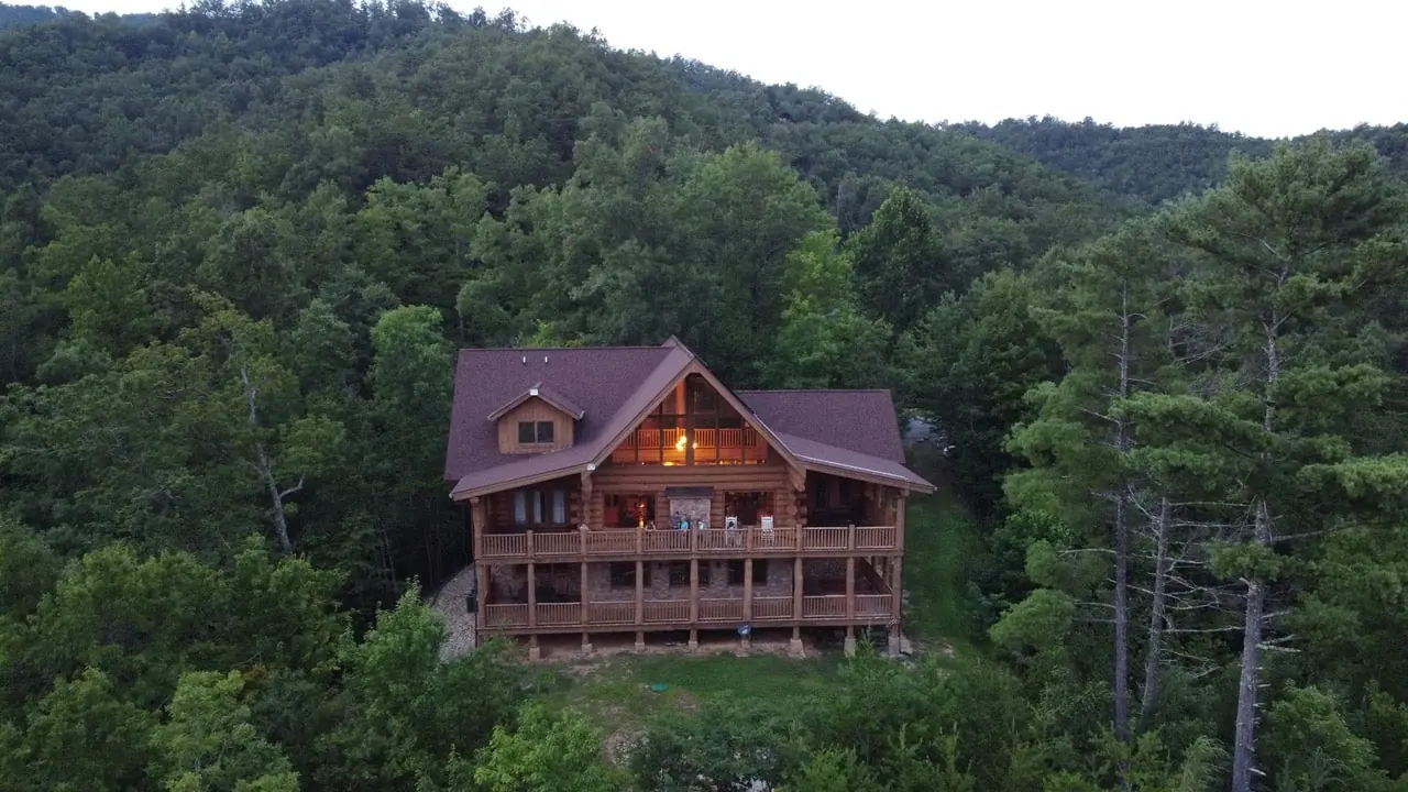 Big Bear Ridge Lodge from above, surrounded by forest