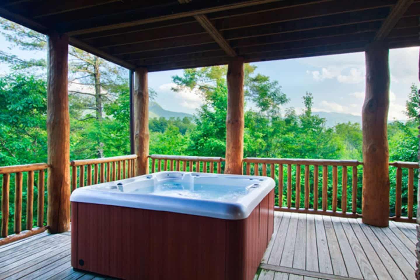 Six-person hot tub with mountain views